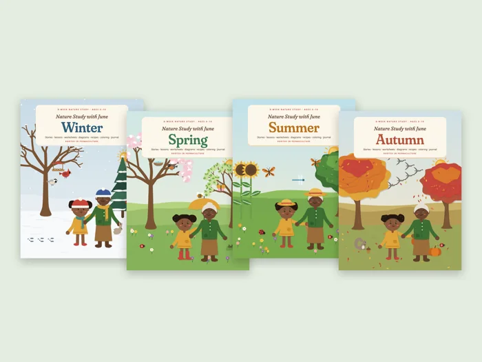 The four covers of Nature Study with June: winter, spring, summer and autumn