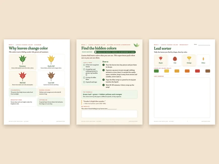 Three pages from an autumn nature study: why leaves change color, the hidden colors leaf experiment and a leaf sorter worksheet